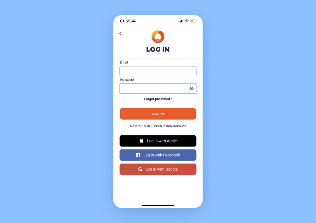 Log-in page with several options and buttons