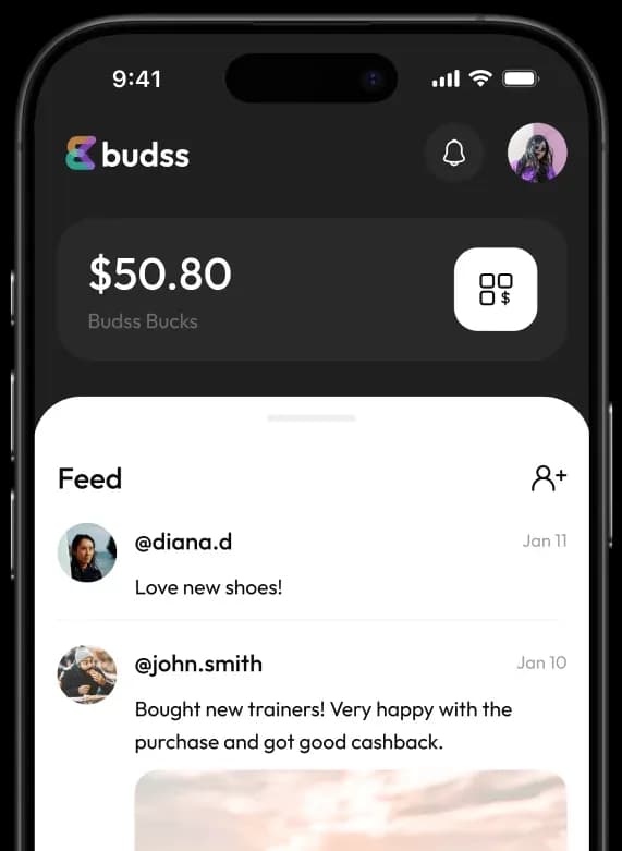 Mobile app dashboard showing user feed and balance