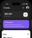 Mobile app interface showing balance and group creation features