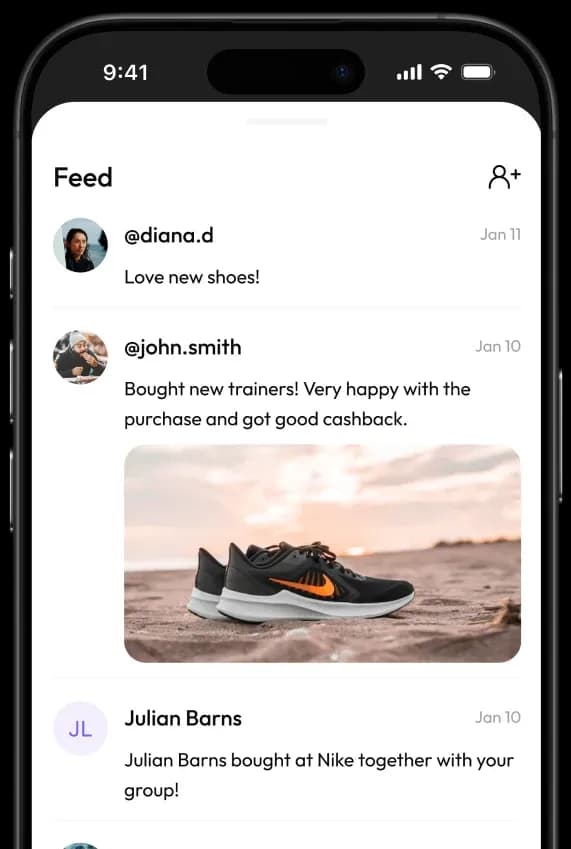 Mobile app feed screen displaying user posts