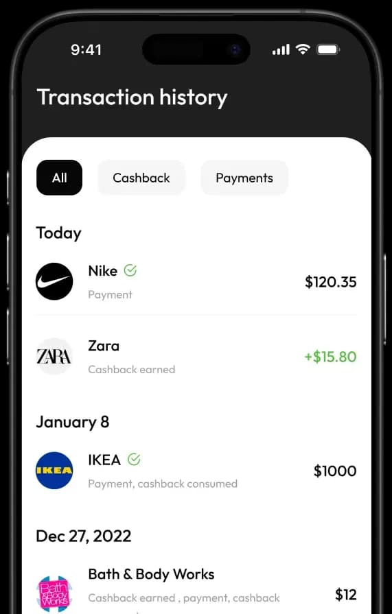 Mobile app transaction history screen