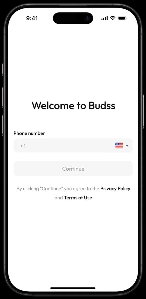Mobile app onboarding screen for Budss