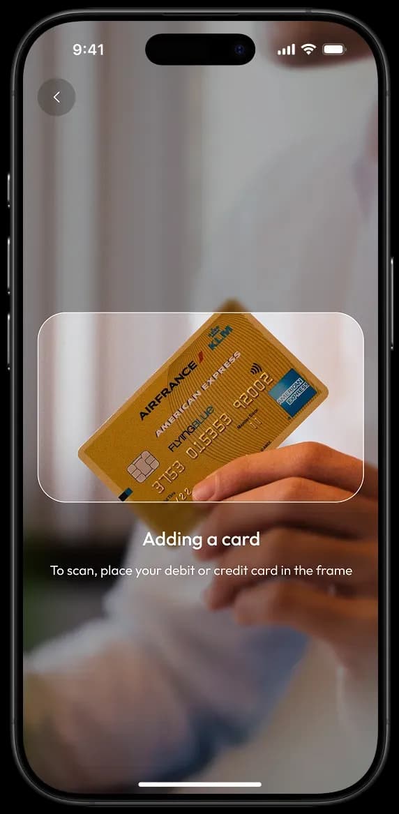 Mobile app screen for adding a card