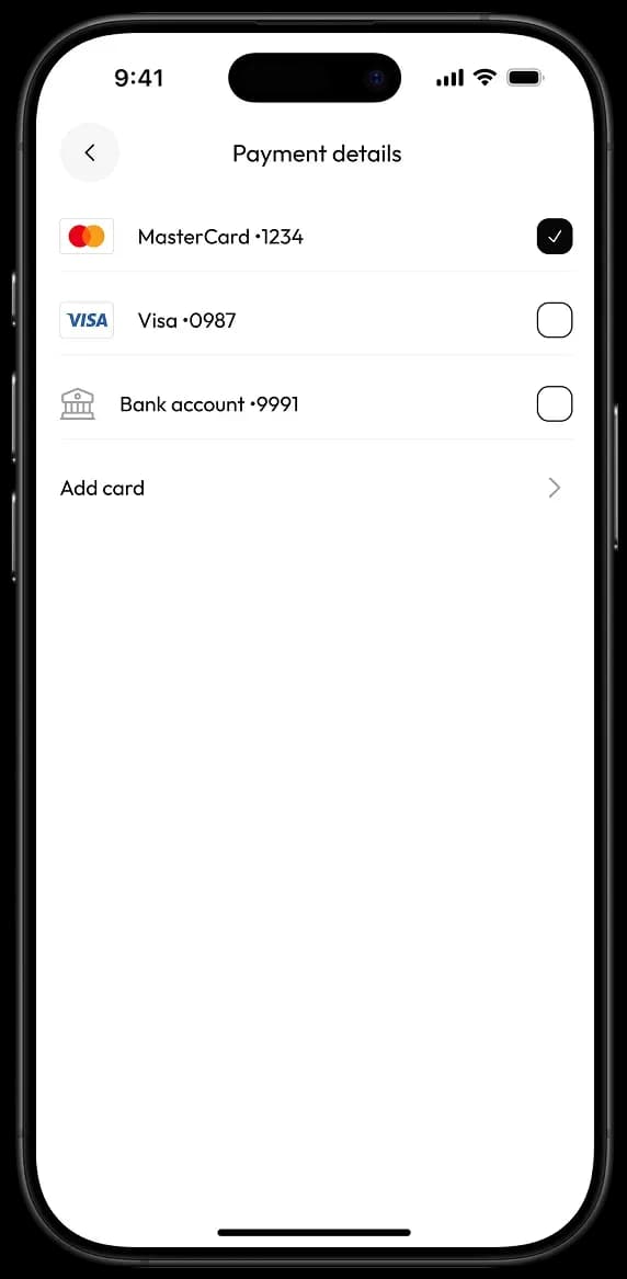 Payment details screen with card options