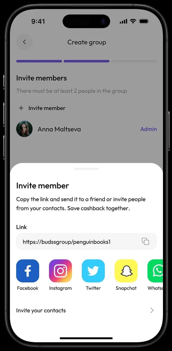 Group creation and member invitation screen