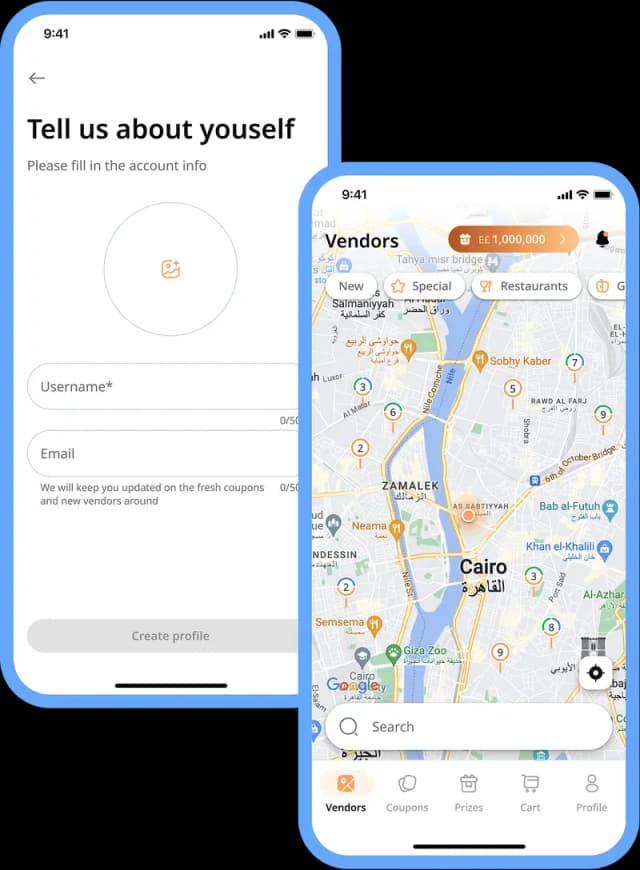 User profile and map interface screen