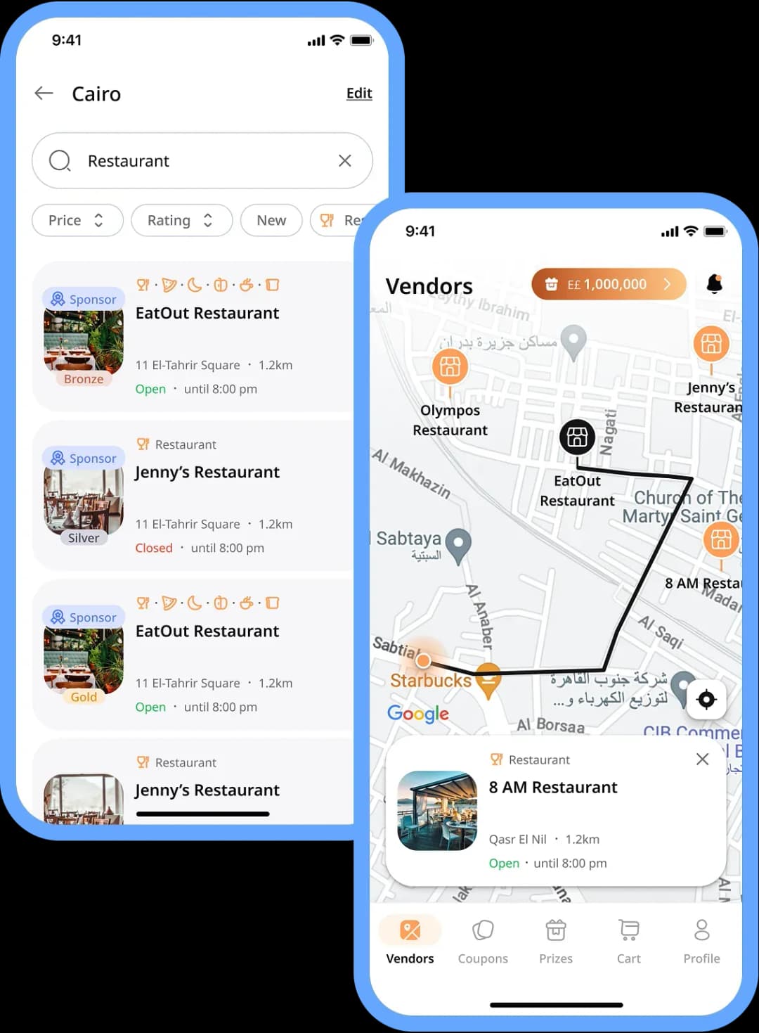 Restaurant discovery app interface showing list and map views
