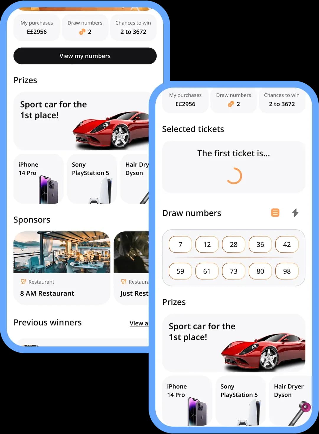 App interface showing lottery ticket selection and prize options