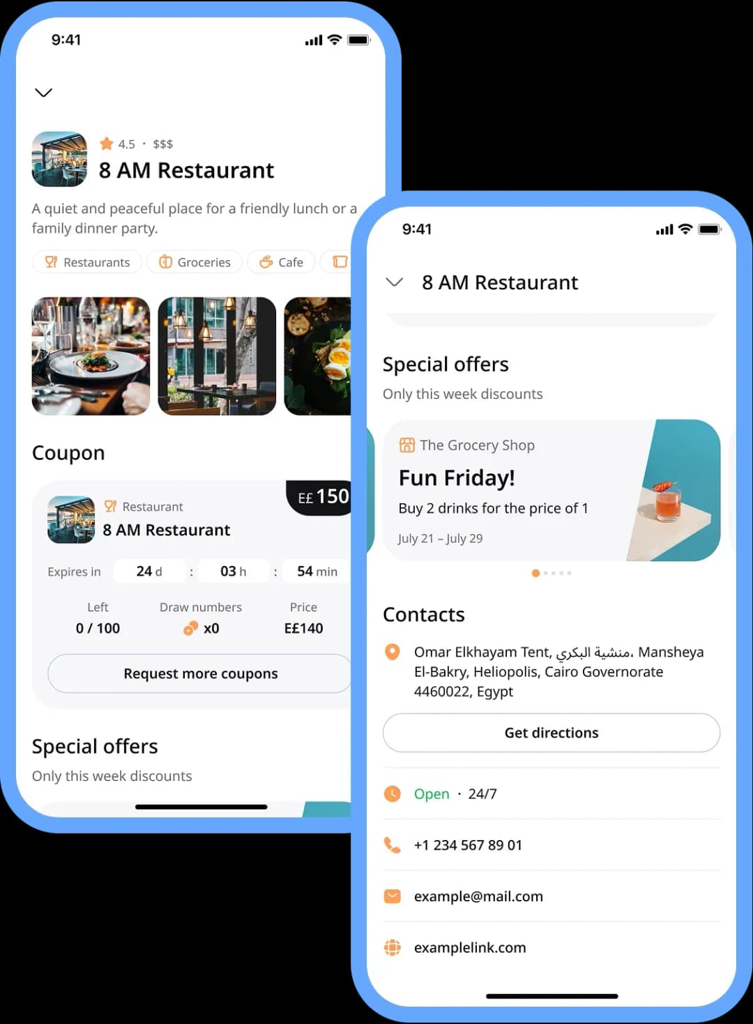 Mobile app restaurant listing and coupon screen