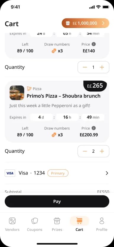 Mobile app cart screen with pizza offer