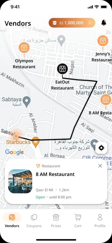 Map showing restaurant locations and distance