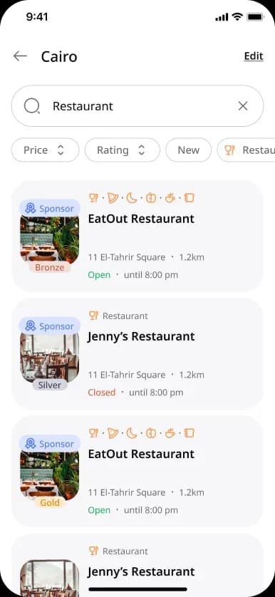 Mobile app restaurant listing screen