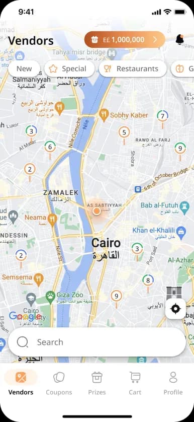 Map interface displaying vendor locations in Cairo