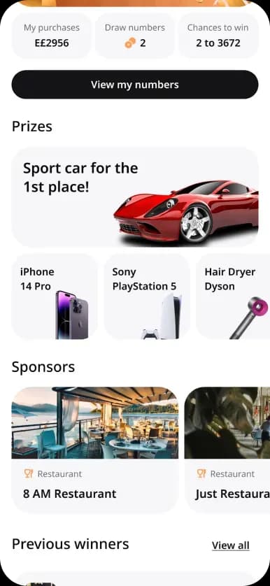 Mobile app lottery prize display screen