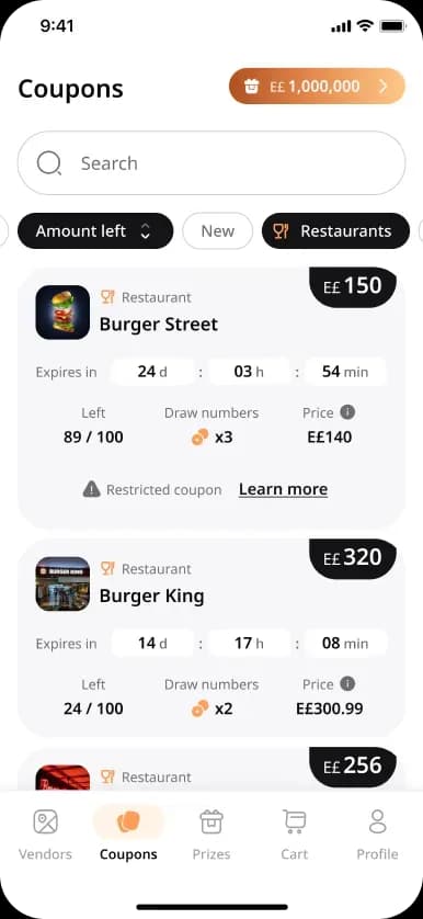 Mobile app coupon screen showing restaurant offers
