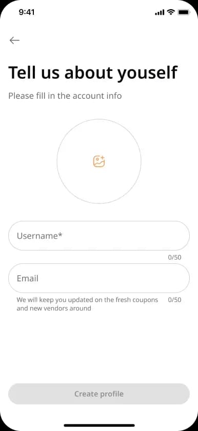 Mobile app account creation screen