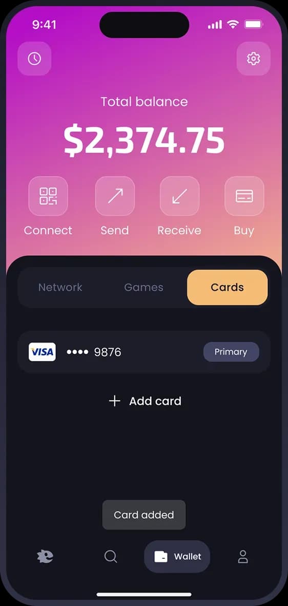 Mobile app wallet interface showing card details