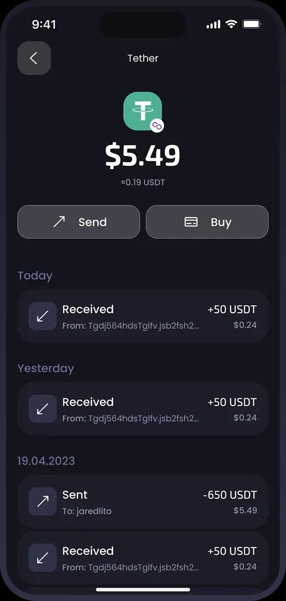 Mobile app transaction history screen