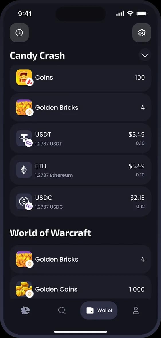 Wallet interface showing cryptocurrency balances