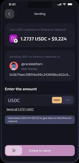 Mobile app cryptocurrency transfer screen