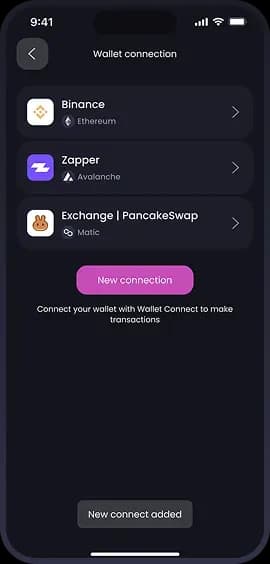 Wallet connection screen for cryptocurrency transactions
