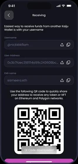 Mobile app receiving funds screen