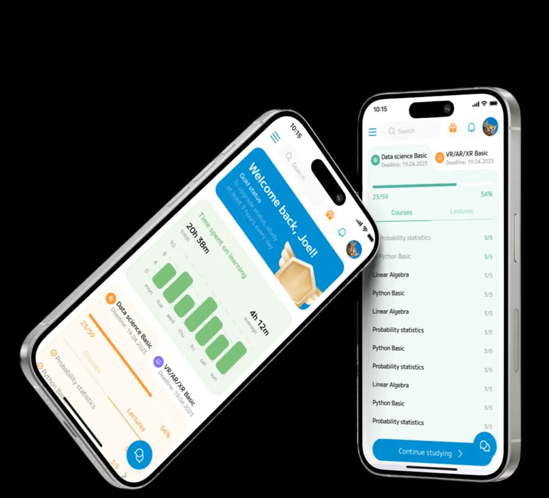 Mobile app learning dashboard and course list