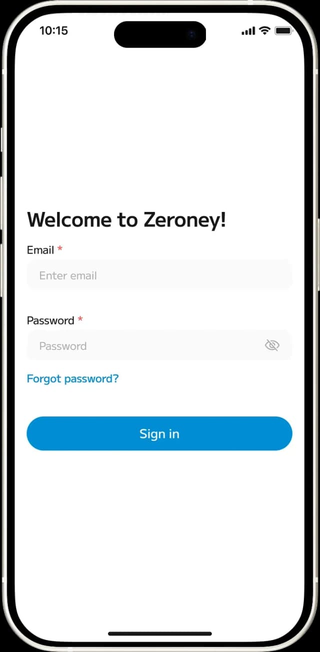 Mobile app sign-in screen for Zeroney