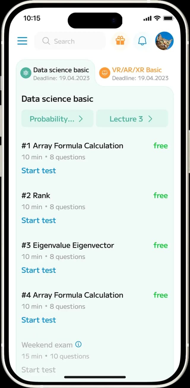 Mobile app screen showing lecture topics and tests