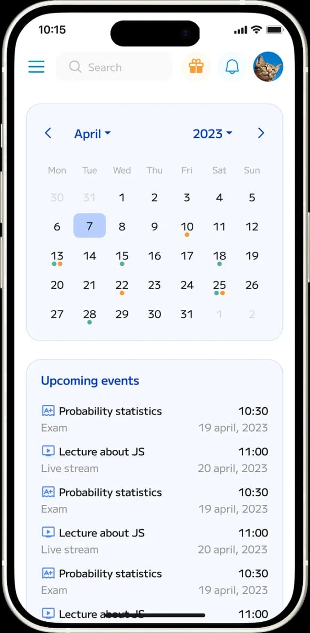 Mobile app calendar and event list screen