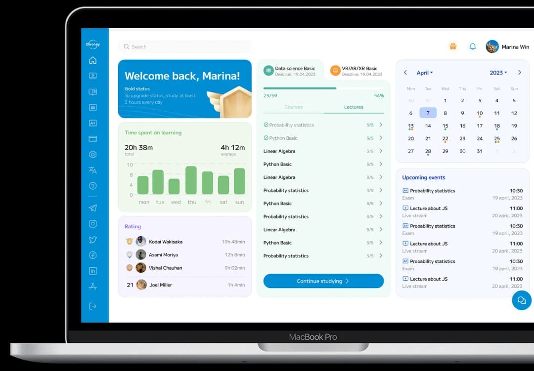 Dashboard of an educational app with study statistics