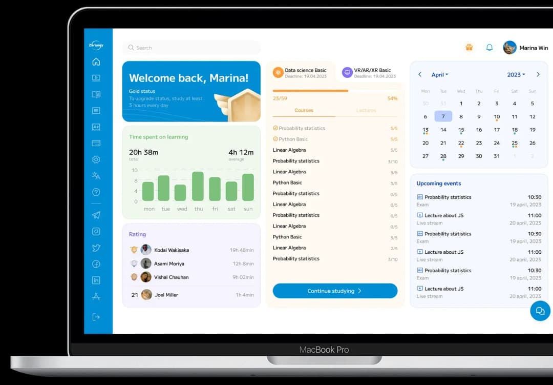 Dashboard with course progress and statistics