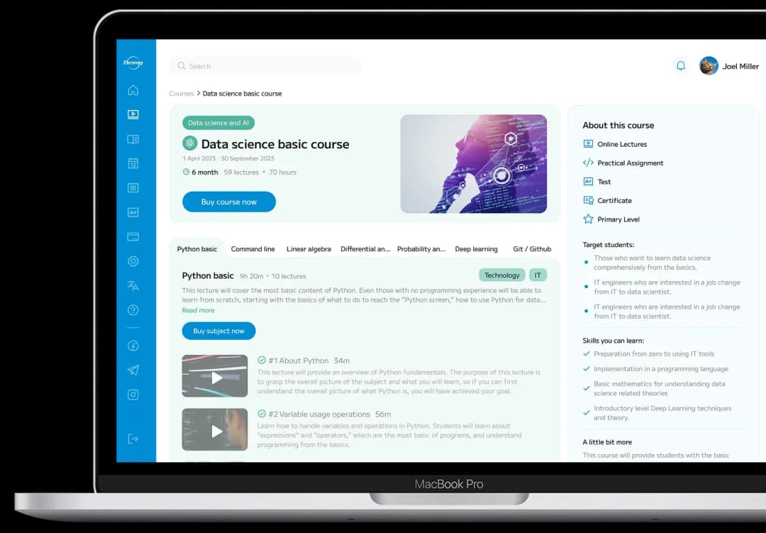 Data science course overview screen