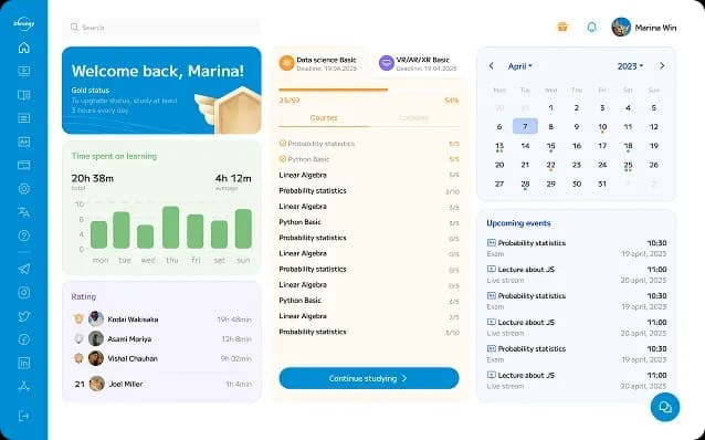 Learning platform dashboard with course details