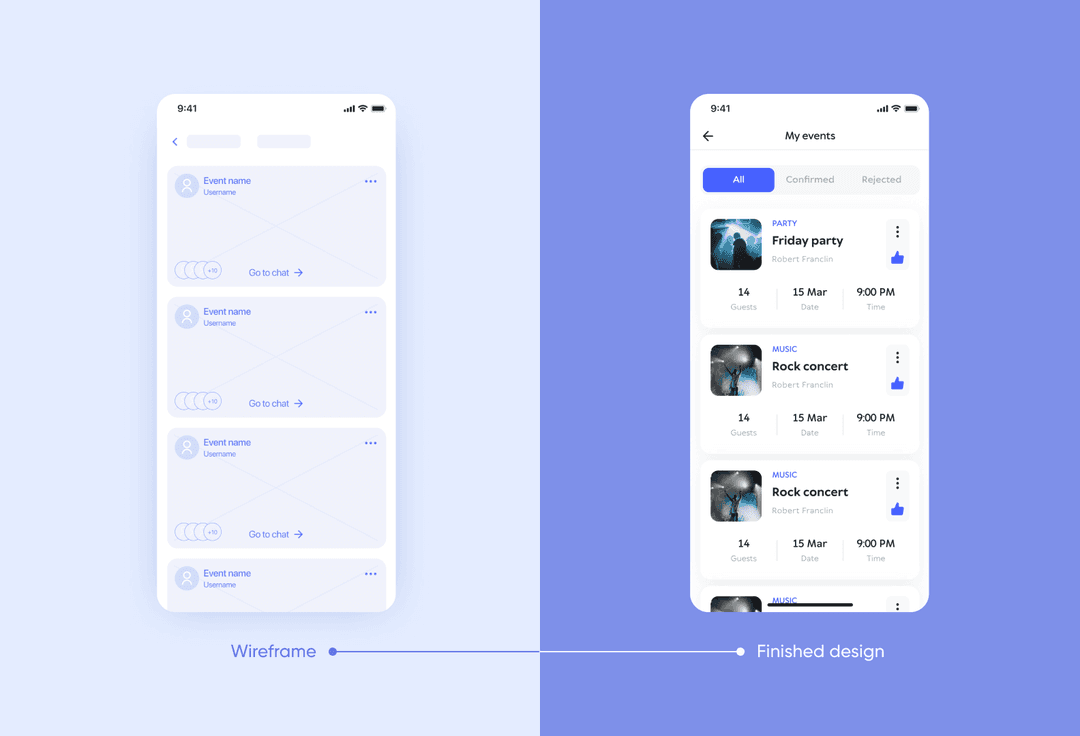 Wireframes and finished screens example
