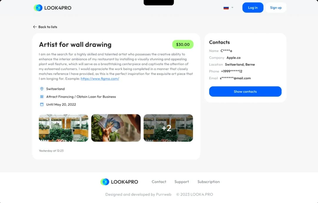 Mobile app listing for artist services