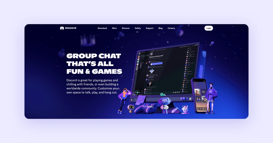  home page of discord.com describing Discord’s benefits for users