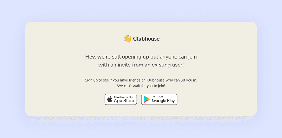 page of clubhouse.com inviting users to join the Clubhouse app