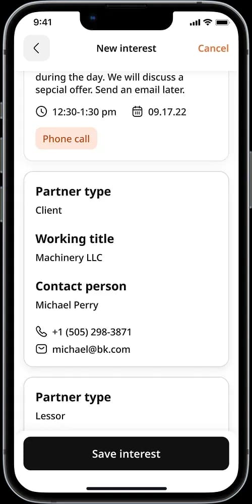 Mobile app contact information screen