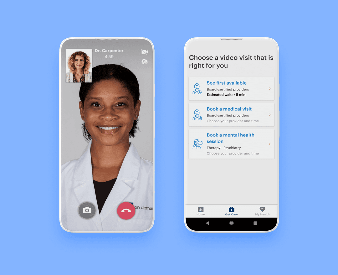 Doctor On Demand app: video call with a doctor and visit-type selection screen