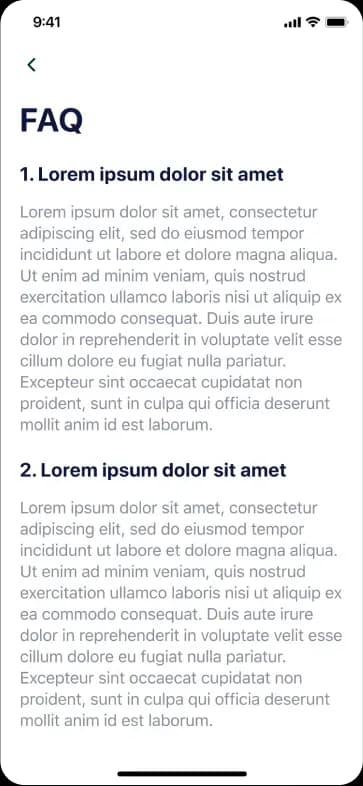 Mobile app FAQ screen