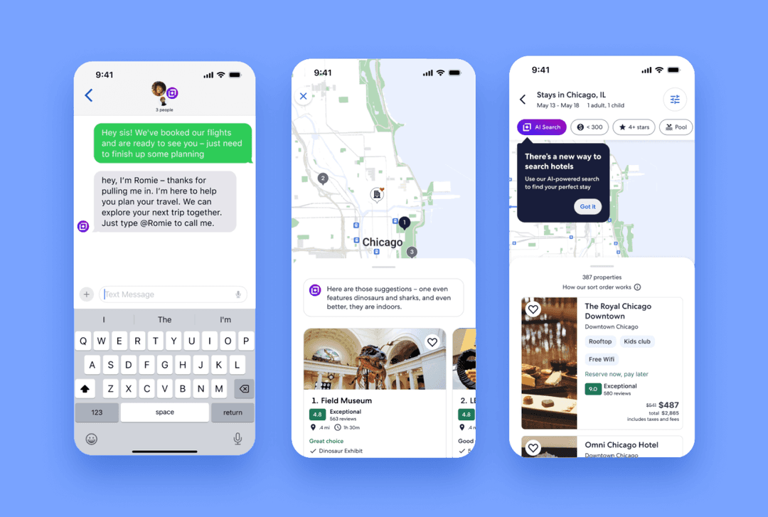 Screenshots of Expedia’s new AI-powered search pages