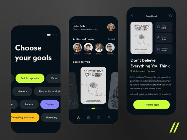 Mobile app goal selection and book detail screens