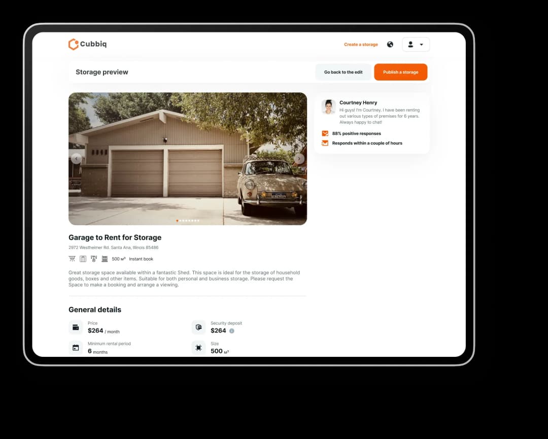 Storage rental preview screen