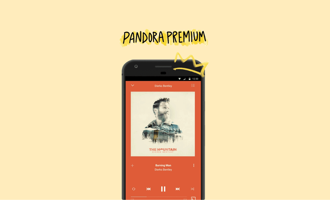 Экран плеера Pandora Premium: играет Burning Man Dierks Bentley с обложкой альбома The Mountain