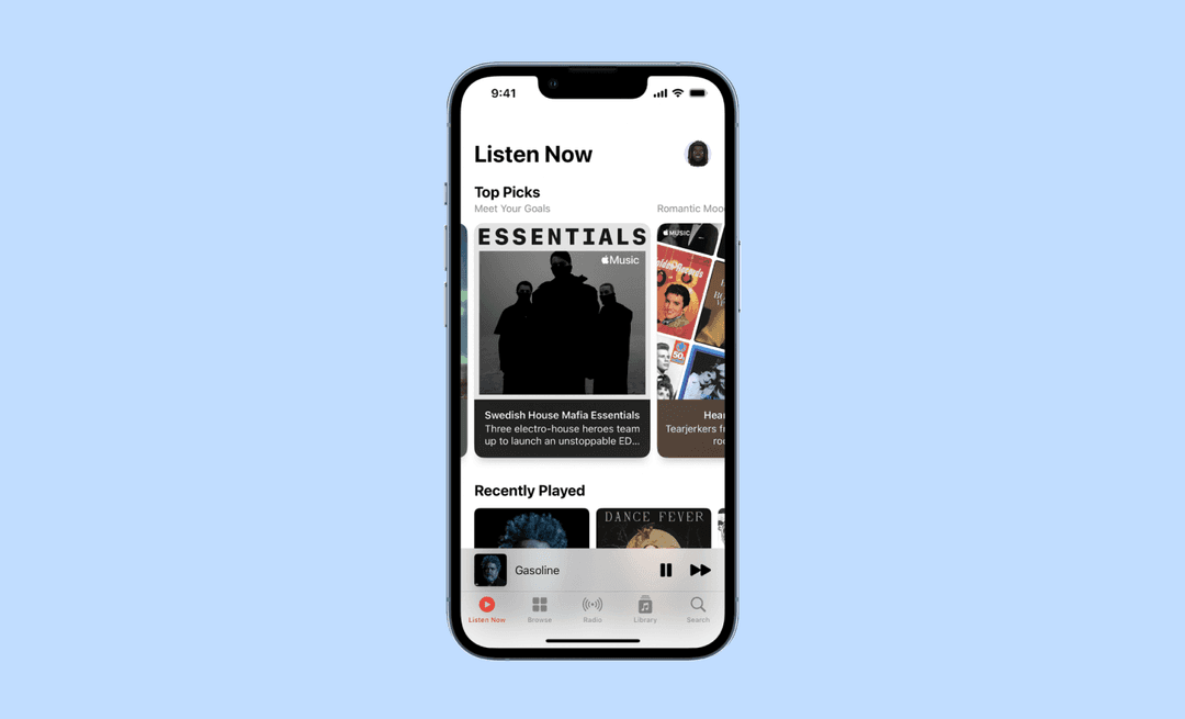 Экран Listen Now в Apple Music на iPhone: подборки Top Picks с плейлистом Swedish House Mafia Essentials