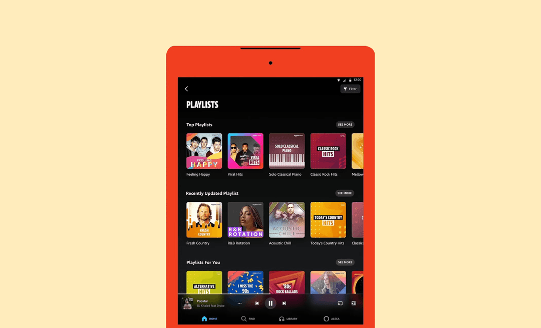 Экран плейлистов Amazon Music на планшете: Top Playlists, Feeling Happy, Viral Hits и Classic Rock Hits