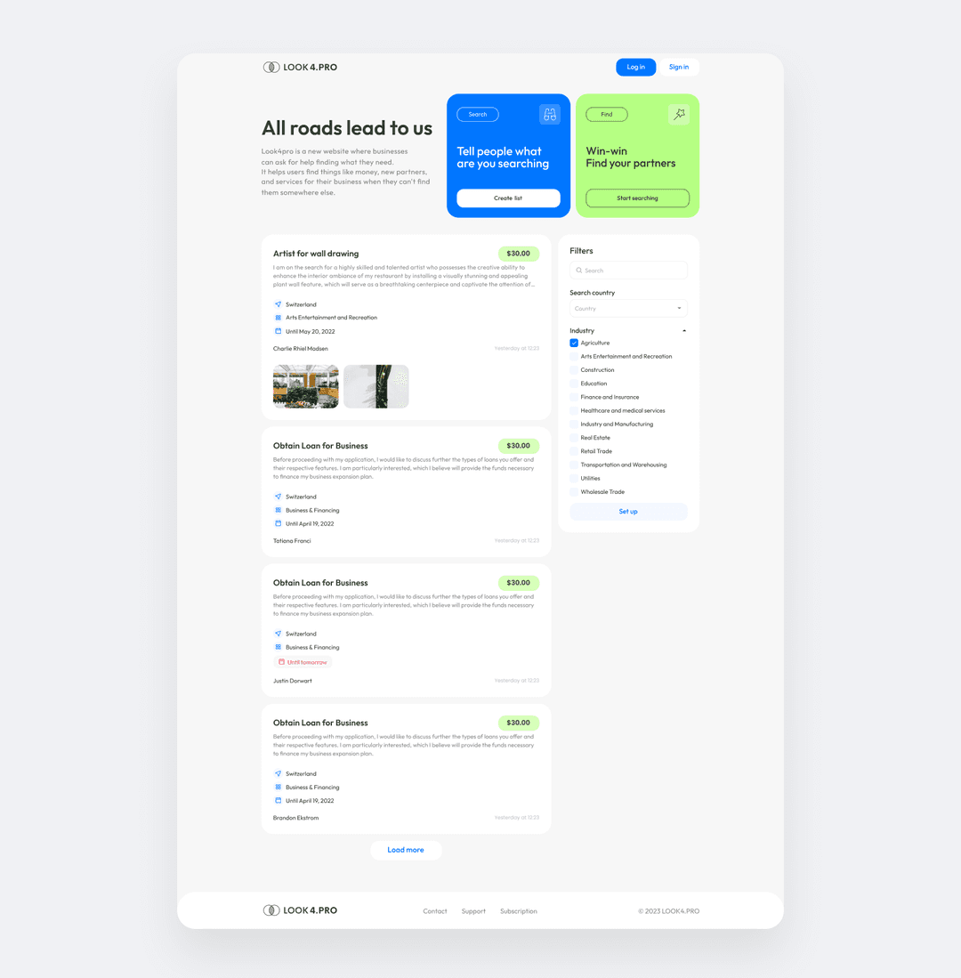The homepage of Look4Pro platform