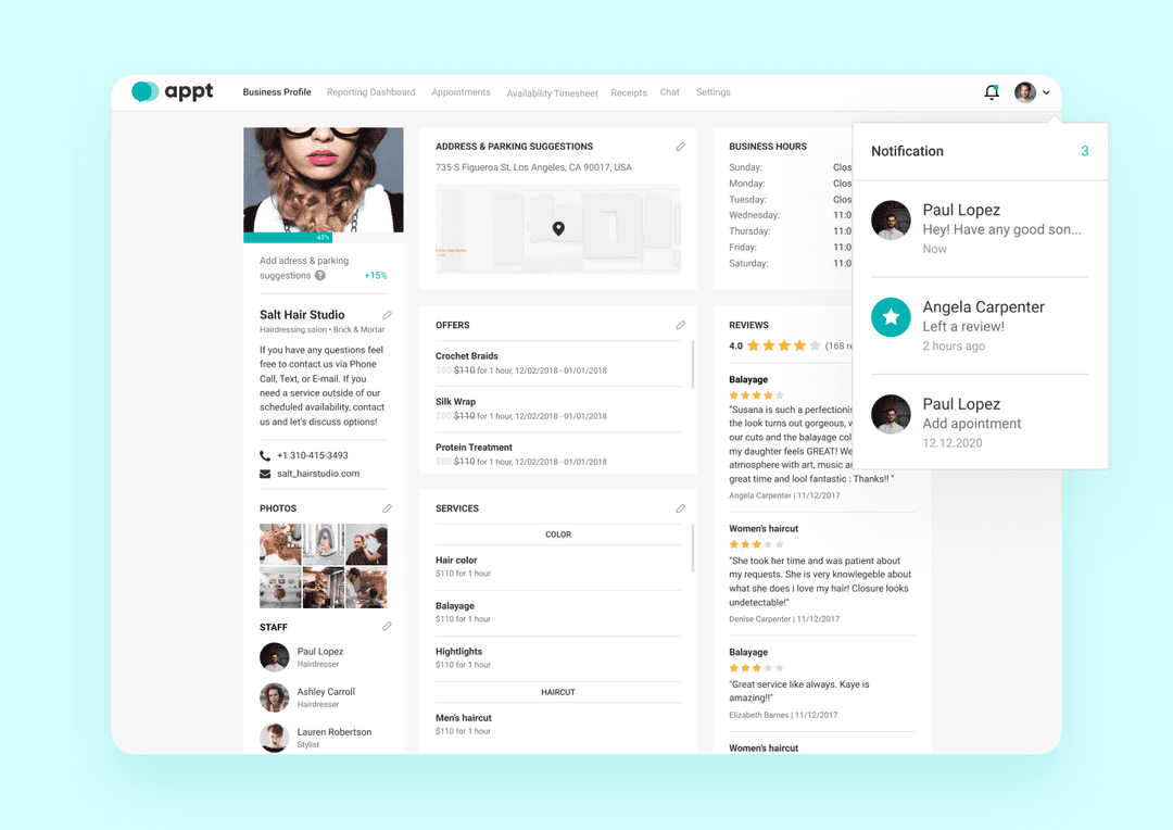 A screenshot of a business profile on Appt