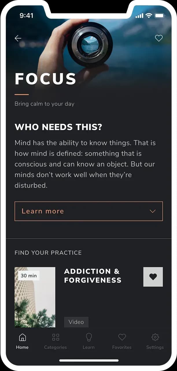 Mobile app screen promoting mindfulness practice